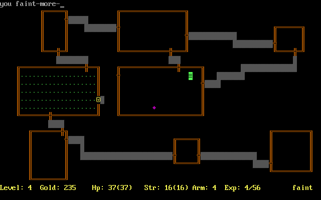 Rogue Clone (DOS) screenshot: Oops, I think I forgot to eat something. Luckily, there's no uppercase characters around. (Rogue Clone IV)