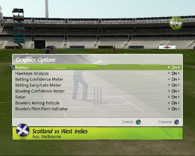Brian Lara International Cricket 2007 (PlayStation 2) screenshot: This screen shows all the meters and optional extras the gamer has at their disposal