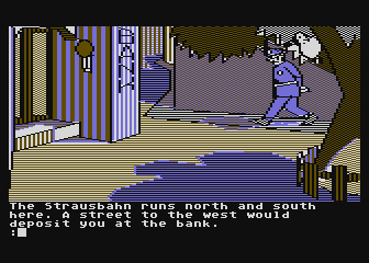 Mindshadow (Atari 8-bit) screenshot: Outside bank.