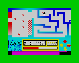 Android One: The Reactor Run (ZX Spectrum) screenshot: Azimov was right... you cannot observe it because it's not an animated PNG... but Androids do indeed have emotions. It's out of control hysterical and dancing a berserker dance.