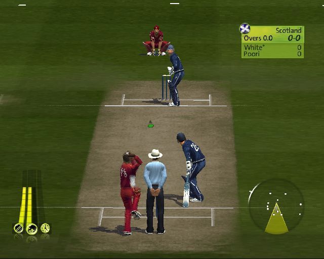 Brian Lara International Cricket 2007 (PlayStation 2) screenshot: West Indies are bowling. The green dot indicates where the ball will pitch and this is moveable right up to the point of release