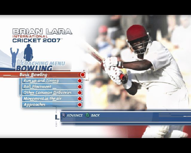 Brian Lara International Cricket 2007 (PlayStation 2) screenshot: The Coaching menu has sections for batting, bowling, fielding, the nets and a glossary of terms<br>This shows the subsections of the bowling tutorials