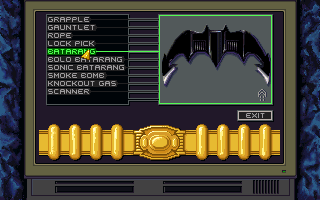 Batman Returns (DOS) screenshot: Selecting the equipment.