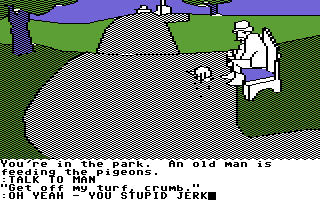 The Tracer Sanction (Commodore 64) screenshot: Grumpy old man at the park.