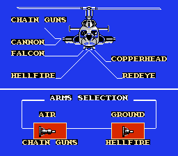 Airwolf (NES) screenshot: Weapon Selection Screen