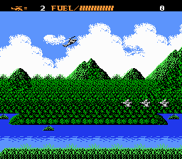 Airwolf (NES) screenshot: Airwolf flies over waves of enemy helicopters