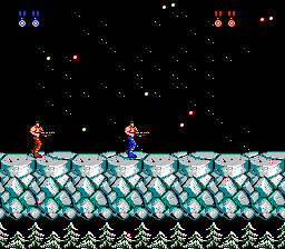 Contra (NES) screenshot: Actual snow effects in Stage 5.