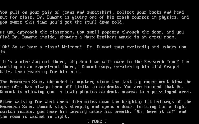 Dr. Dumont's Wild P.A.R.T.I. (DOS) screenshot: An introductory premise of pure mad science