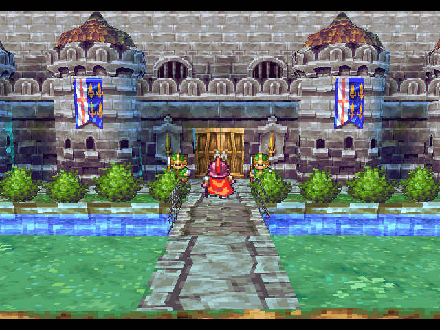 Dragon Quest IV: Michibikareshi Monotachi (PlayStation) screenshot: Some castle entrances have this cool 3D-scrolling view instead of the usual top-down one