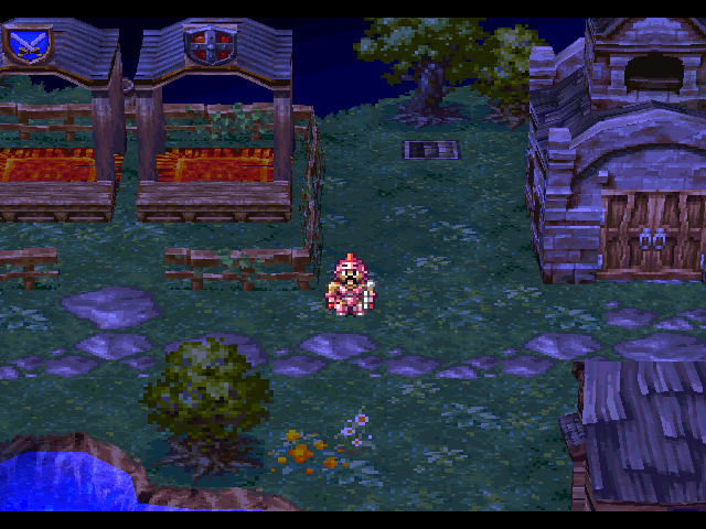 Dragon Quest IV: Michibikareshi Monotachi (PlayStation) screenshot: Town at night. The shopkeepers are asleep, the stores are empty