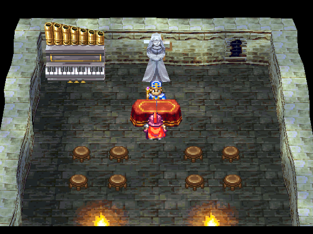 Dragon Quest IV: Michibikareshi Monotachi (PlayStation) screenshot: Nice orgue there, dude! Before curing me from poison and saving my game, play me some Bach, willya?!