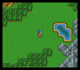 Dragon Quest VI: Maboroshi no Daichi (SNES) screenshot: An open area with mountains and a lake