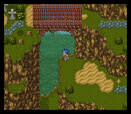 Dragon Quest VI: Maboroshi no Daichi (SNES) screenshot: A seemingly quiet area with a cemetery and a bridge