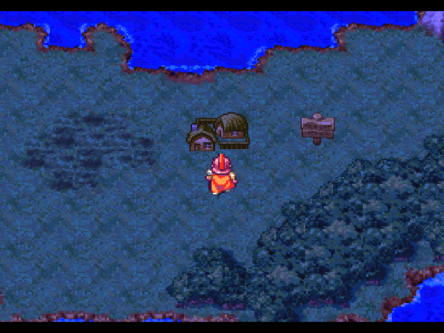 Dragon Quest IV: Michibikareshi Monotachi (PlayStation) screenshot: World map looks scary at night. Hurry into the town, rest in the inn!