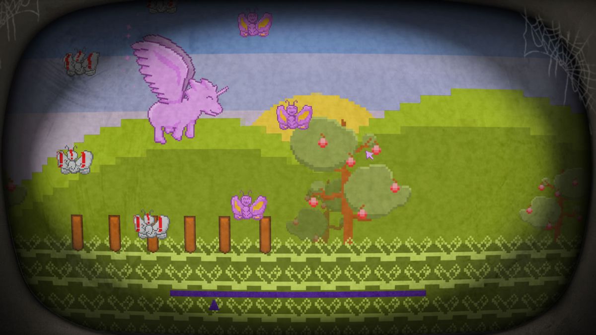 Pony Island (Windows) screenshot: You can only blow wind towards the purple butterflies.