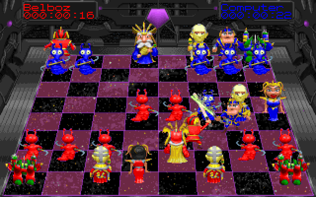 Battle Chess 4000 (DOS) screenshot: Blue Knight vs. Red Knight (using light sabers!)