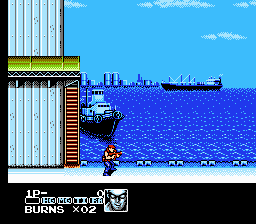 Contra Force (NES) screenshot: Starting out at the harbor with Burns; exquisite graphics detail