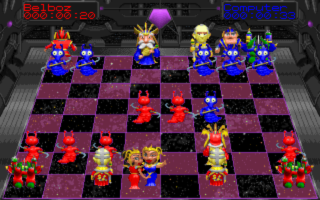 Battle Chess 4000 (DOS) screenshot: Blue Queen vs. Red Queen (catfight!)