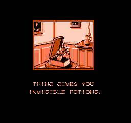 Fester's Quest (NES) screenshot: Most of the cast of the Addams family is here, including Thing