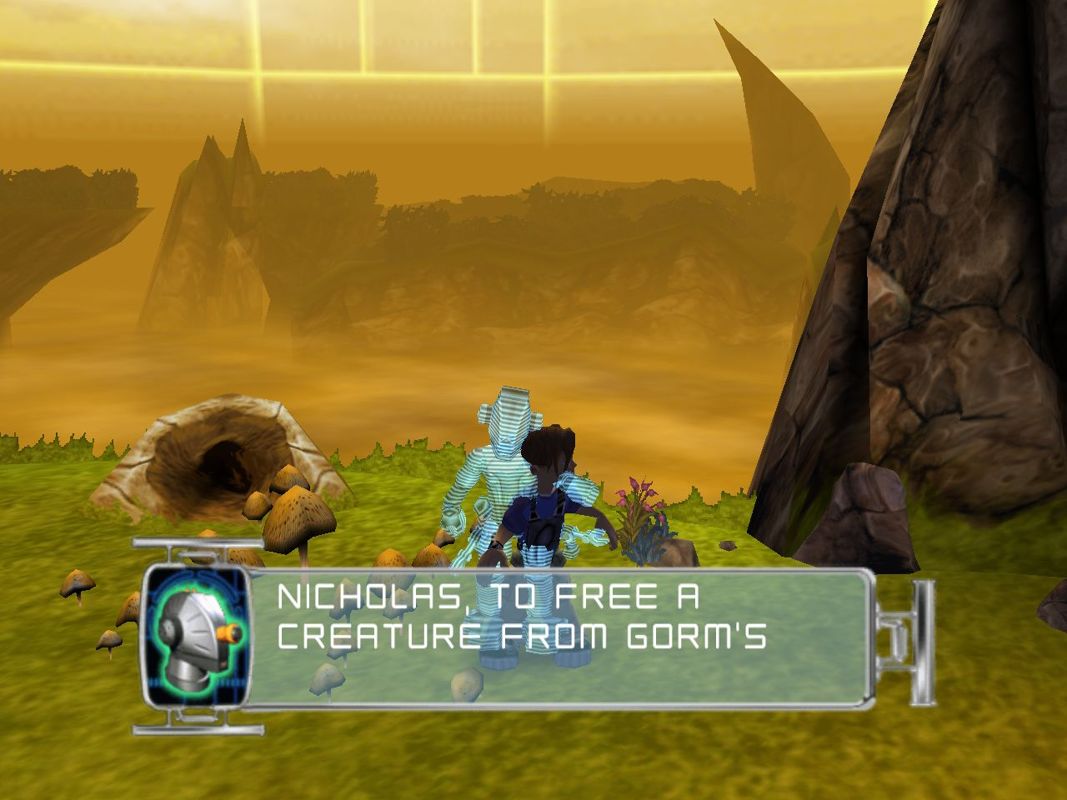Galidor: Defenders of the Outer Dimension (Windows) screenshot: Jens is Nick's robot friend. His 'ghost' appears in places where there's something to be learned