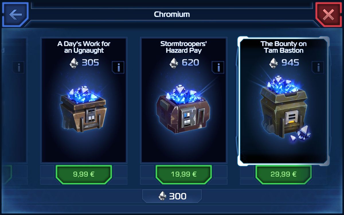 Star Wars: Uprising (Android) screenshot: In-app purchases for the premium currency