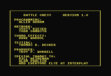 Battle Chess (Commodore 64) screenshot: The team is listed up front.