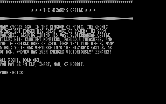 The Wizard's Castle (DOS) screenshot: The game introduction