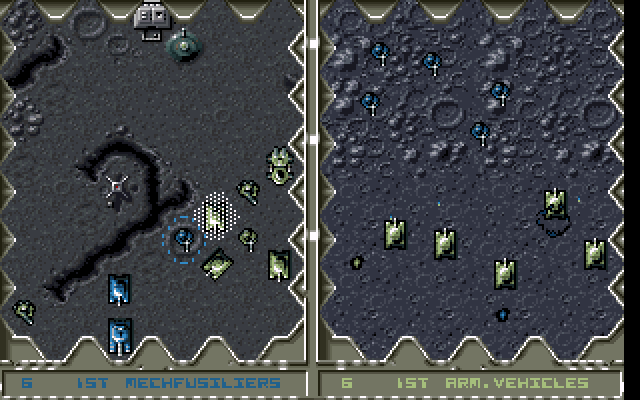 Battle Isle '93: The Moon of Chromos (DOS) screenshot: R-1B Demon infantry vs T-8B Scorpion tanks.