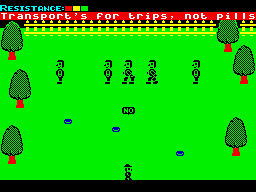 Drug Watch (ZX Spectrum) screenshot: You retaliate by throwing 'NO' at them