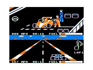 Pitstop II (TRS-80 CoCo) screenshot: The red player is fueling up in the pits...