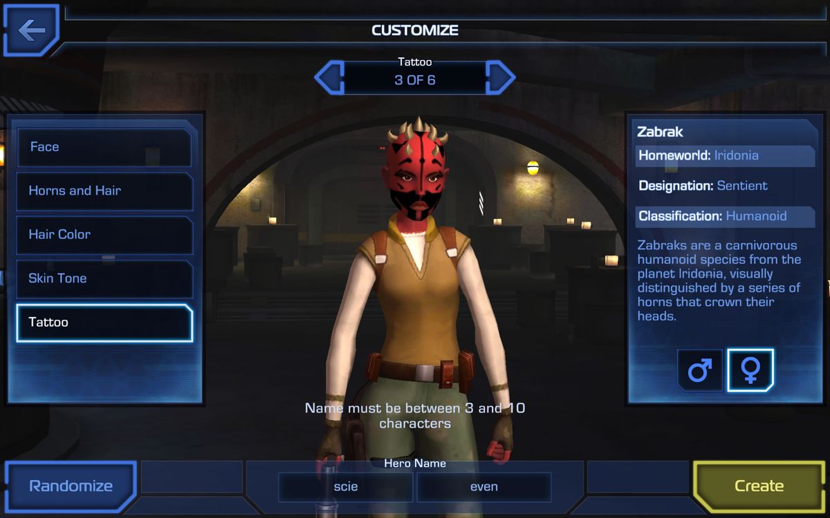 Star Wars: Uprising (Android) screenshot: Further customize the character's appearance and provide a name.