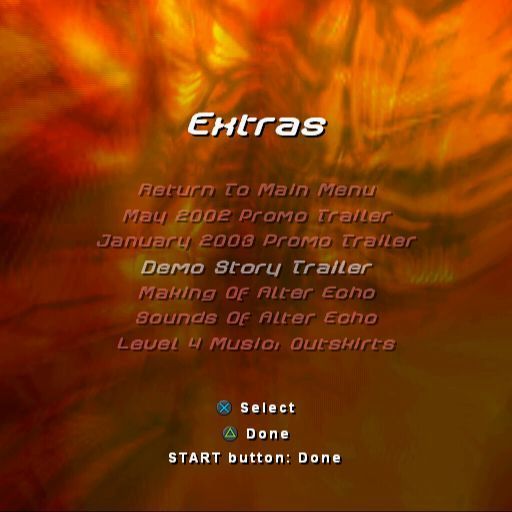 Alter Echo (PlayStation 2) screenshot: The in-game extras. None of these items are locked