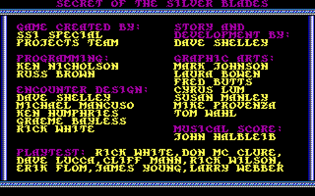 Secret of the Silver Blades (DOS) screenshot: Credits