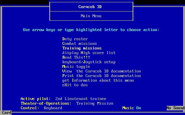 Corncob Deluxe (DOS) screenshot: Main Menu