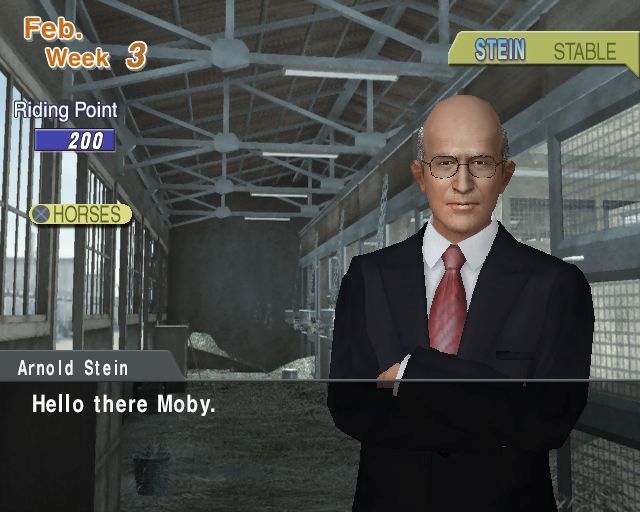 G1 Jockey (PlayStation 2) screenshot: Starting out in Story Mode<br>Belonging to a stable does not mean that other trainers cannot be approached for advice or for a ride