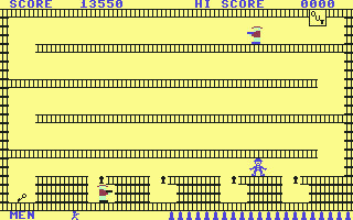 Cops n' Robbers (Commodore 64) screenshot: When you lose a life, you are free to walk into the jail and release one of your captured men