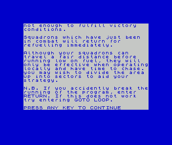 Battle of Britain (ZX Spectrum) screenshot: Instructions including technical advice