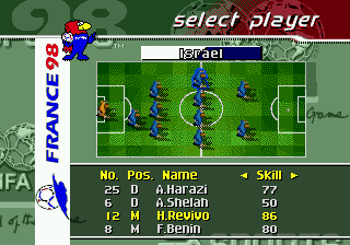 FIFA: Road to World Cup 98 (Genesis) screenshot: Choosing your players. Revivo was still playing for Israel at that time...