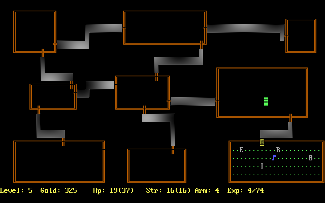 Rogue Clone (DOS) screenshot: Interrupting two Bats, an Emu and an Ice Monster having a talk. (Rogue Clone IV)