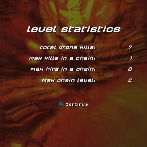 Alter Echo (PlayStation 2) screenshot: The end of level statistics screen for level one