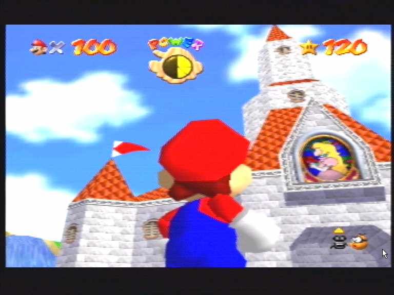 Super Mario 64 (Nintendo 64) screenshot: Mario checks out Princess Toadstool's castle. He's up for some lovin' tonight thats for sure!