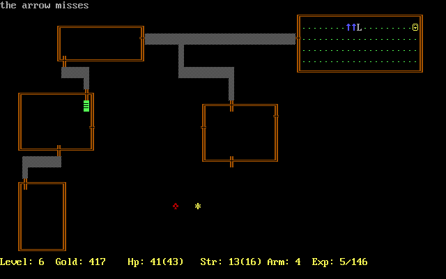 Rogue Clone (DOS) screenshot: This is the safest way to get the Leprechaun's gold without him grabbing yours. (Rogue Clone IV)