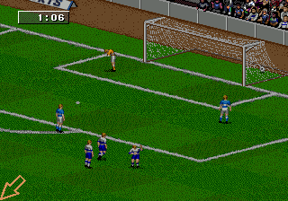 FIFA: Road to World Cup 98 (Genesis) screenshot: The goaltender is desperate, the other team rejoices