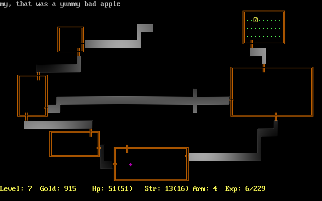 Rogue Clone (DOS) screenshot: An apple a day keeps the doctor away. Really! (Rogue Clone IV)