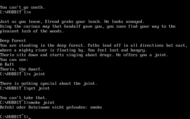 Hobbit: The True Story (DOS) screenshot: I was trying to smoke a joint, but alas: "Unknown command or file name".