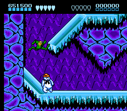 Battletoads (NES) screenshot: The Arctic Caverns, level 4, comprise the obligatory platformer ice level, but done exceptionally well-- this is a malicious snowman