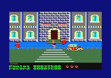 Cosa Nostra (Amstrad CPC) screenshot: There is a flower pot in the upper window and someone will throw it at you!