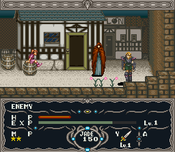 Dragon View (SNES) screenshot: Nice alley with a kid sitting on a barrel
