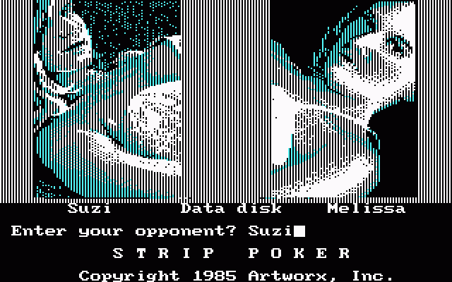 Strip Poker: A Sizzling Game of Chance (DOS) screenshot: Main Menu (CGA with RGB monitor)