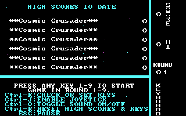 Cosmic Crusader (PC Booter) screenshot: High Score and Keyboard Info